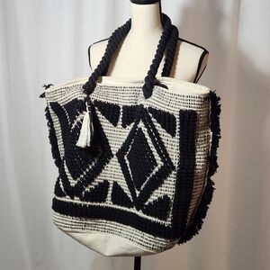 Nalini Black and Cream Woven Tote Bag